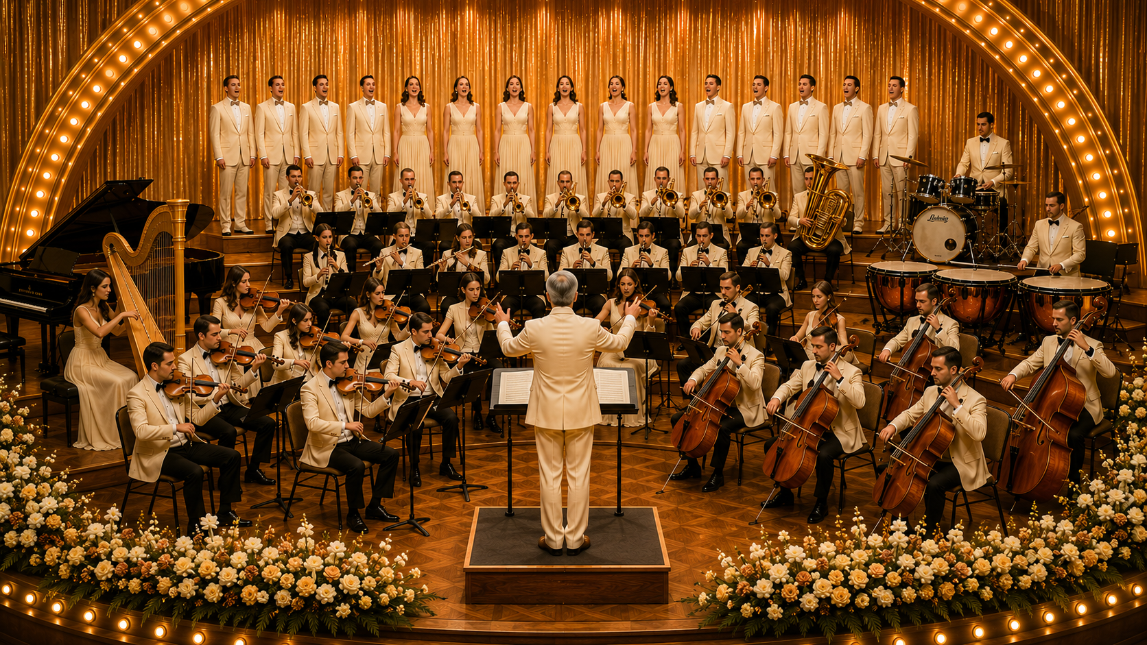 A joyful vocal orchestra performing on stage, capturing the warmth, harmony, and timeless optimism of classic American easy listening.