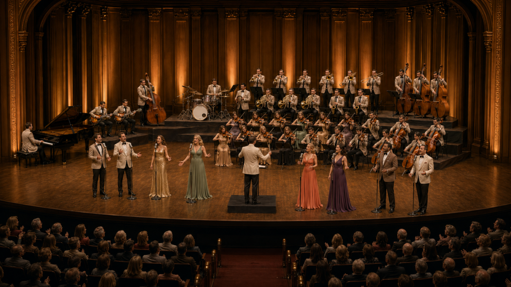 Men and women sing wordless harmony within a contemporary orchestra of strings, brass, reeds, piano, guitars, bass, and drums.