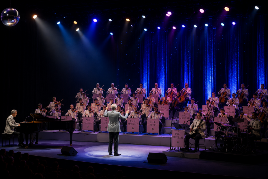 Paul Mauriat conducting his orchestra on a spacious concert stage with strings, piano, rhythm section, blue concert lighting, and an elegant international live performance.