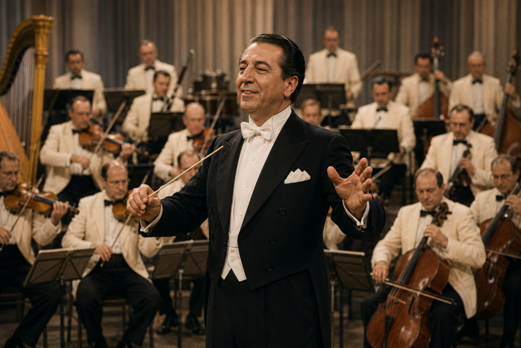 A fictional orchestra performing a tribute to Mantovani.