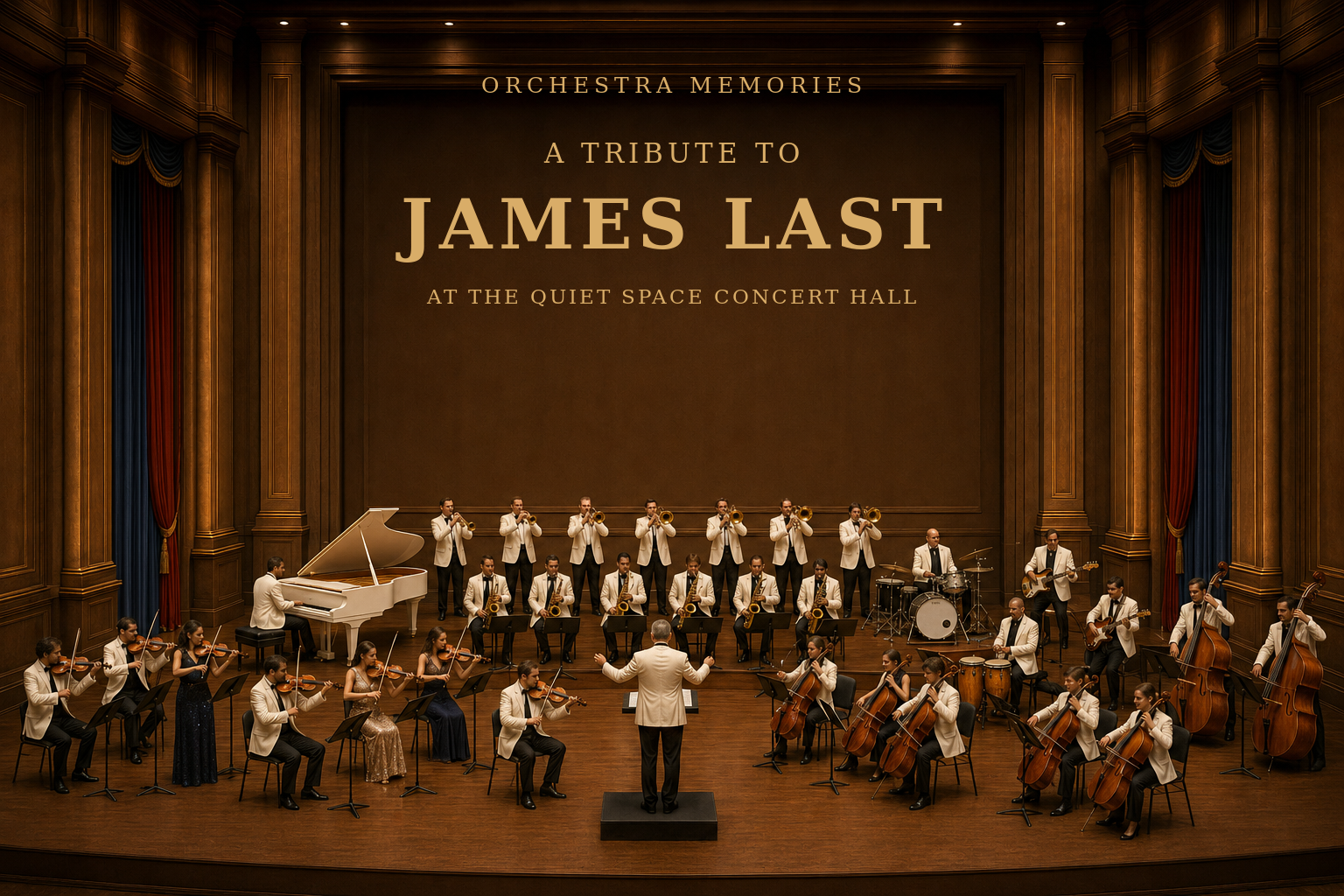 A fictional orchestra performing a tribute to James Last at the Quiet Space Concert Hall