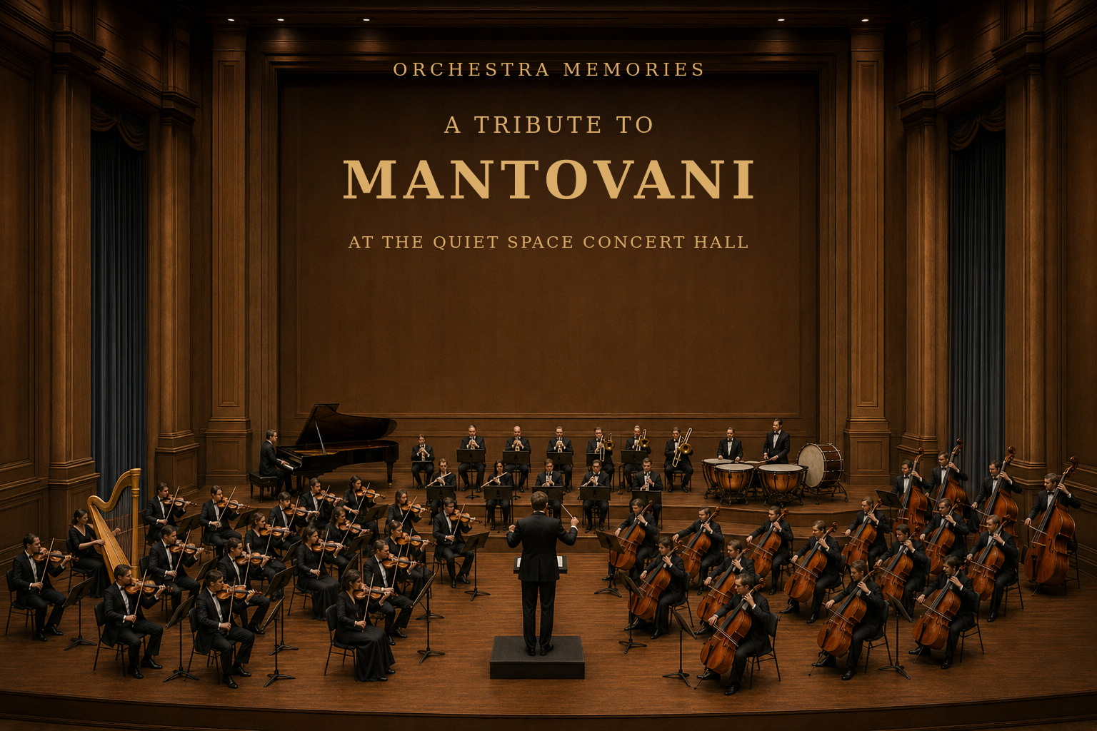 A fictional orchestra performing a tribute to Mantovani at the Quiet Space Concert Hall