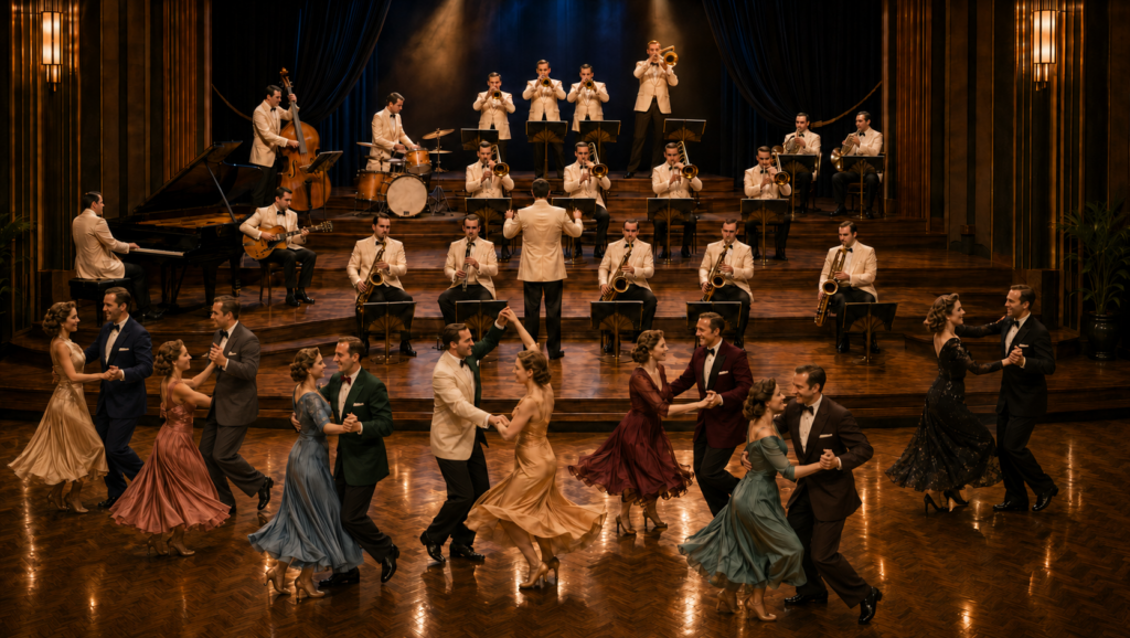 A fictional swing orchestra performing for dancers in a grand ballroom as part of a Glenn Miller tribute.