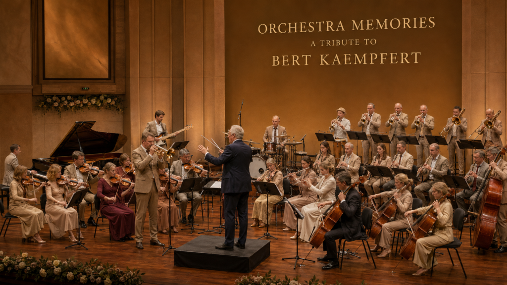 A flugelhorn soloist performs with strings, woodwinds, piano, bass, and brushed drums during a Bert Kaempfert inspired tribute concert.