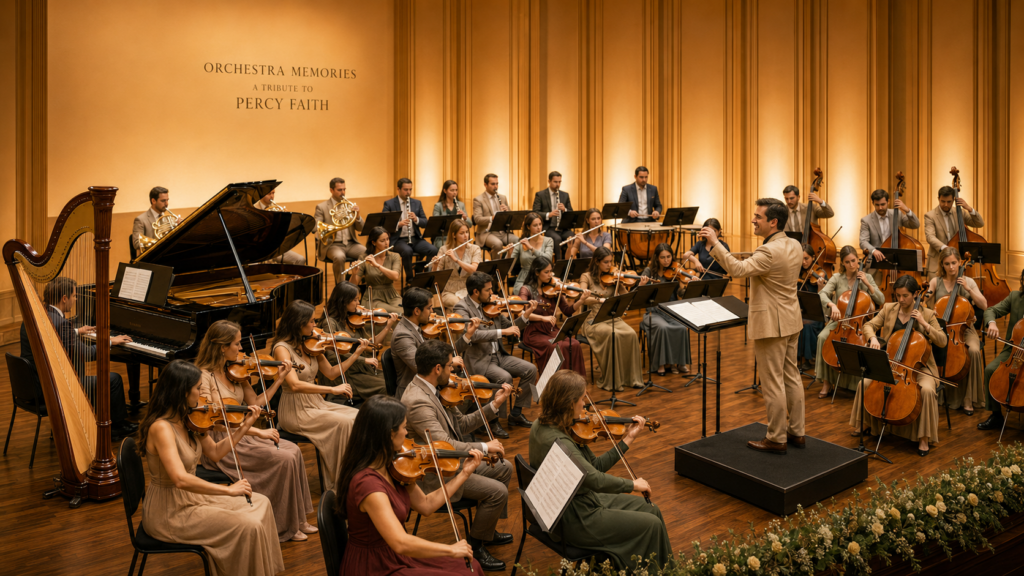 An orchestra performs a Percy Faith inspired arrangement with strings, woodwinds, French horns, harp, and grand piano.