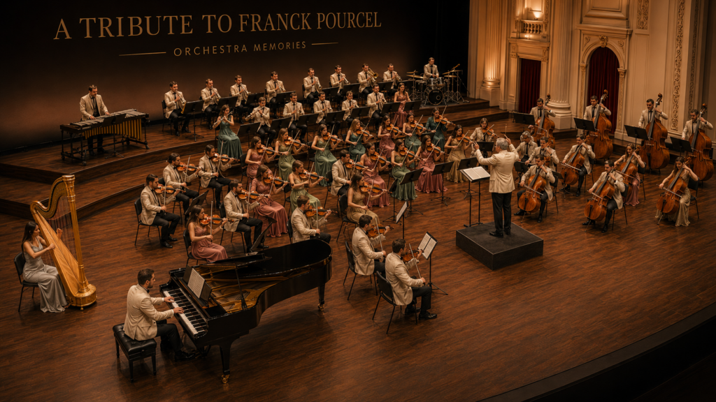 Luminous strings, piano, harp, woodwinds, and warm brass perform a Franck Pourcel-inspired tribute concert.