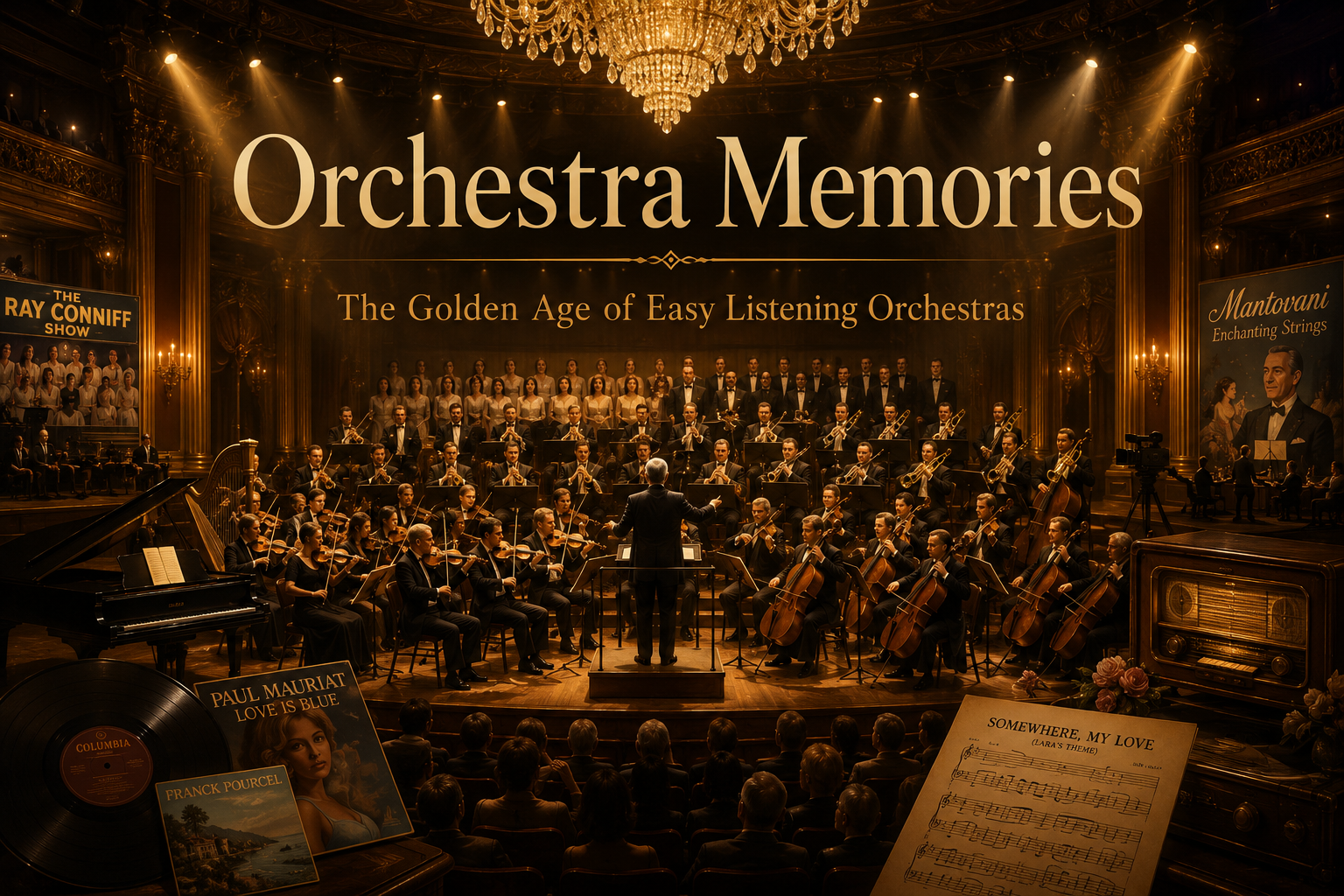 Orchestra Memories featured image introducing the golden age of easy listening orchestras with a grand concert hall, orchestra, and vintage musical heritage.