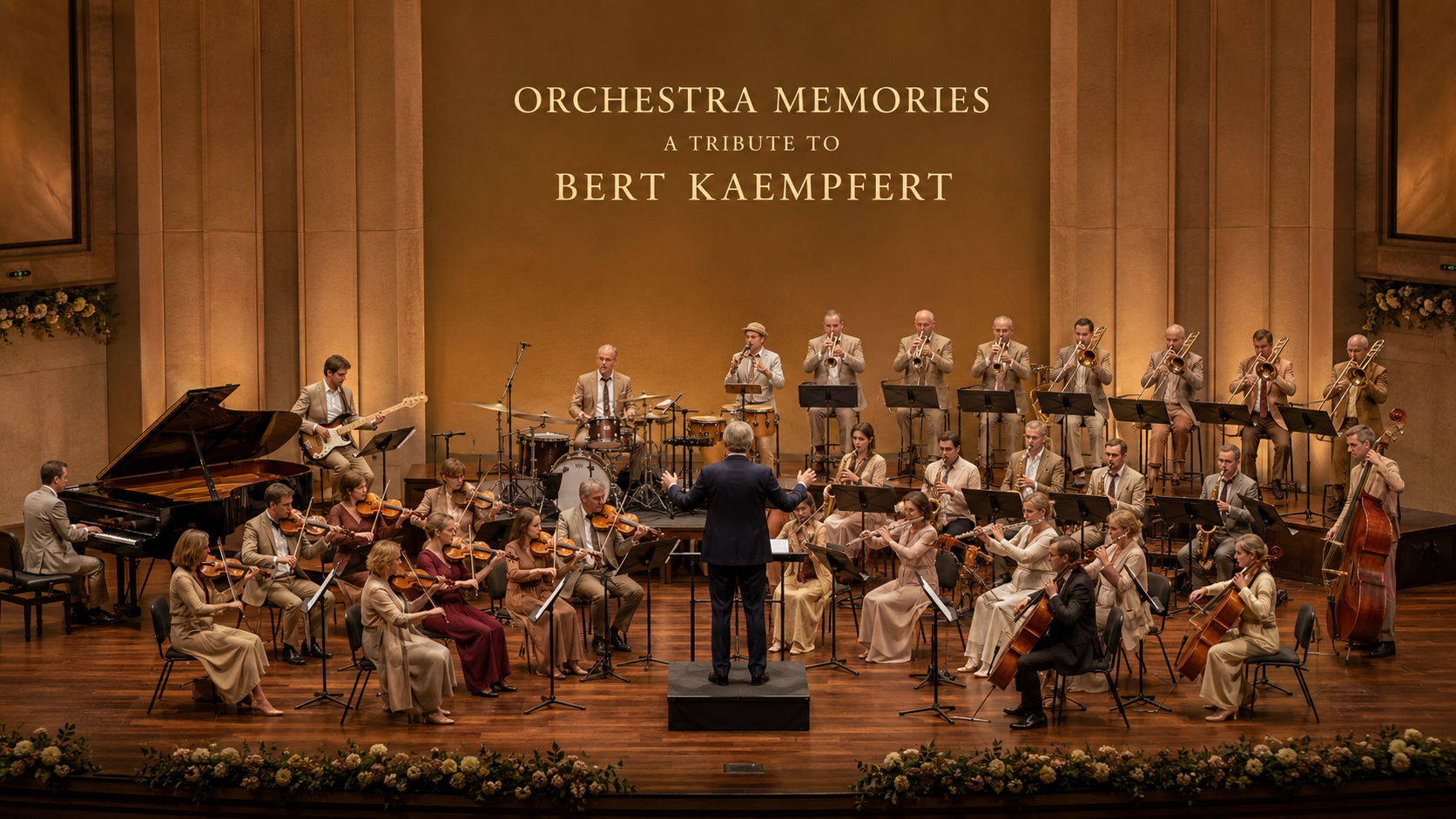 A contemporary orchestra performs a Bert Kaempfert inspired tribute concert in the golden light of The Quiet Space Concert Hall.