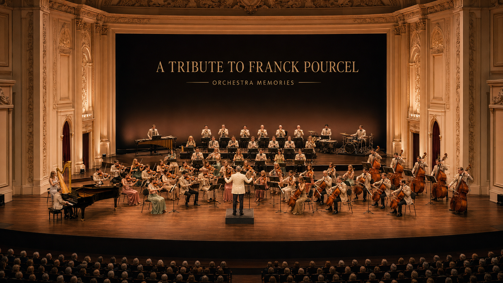 A contemporary orchestra performs a grand symphonic tribute inspired by Franck Pourcel in a spacious European concert hall.