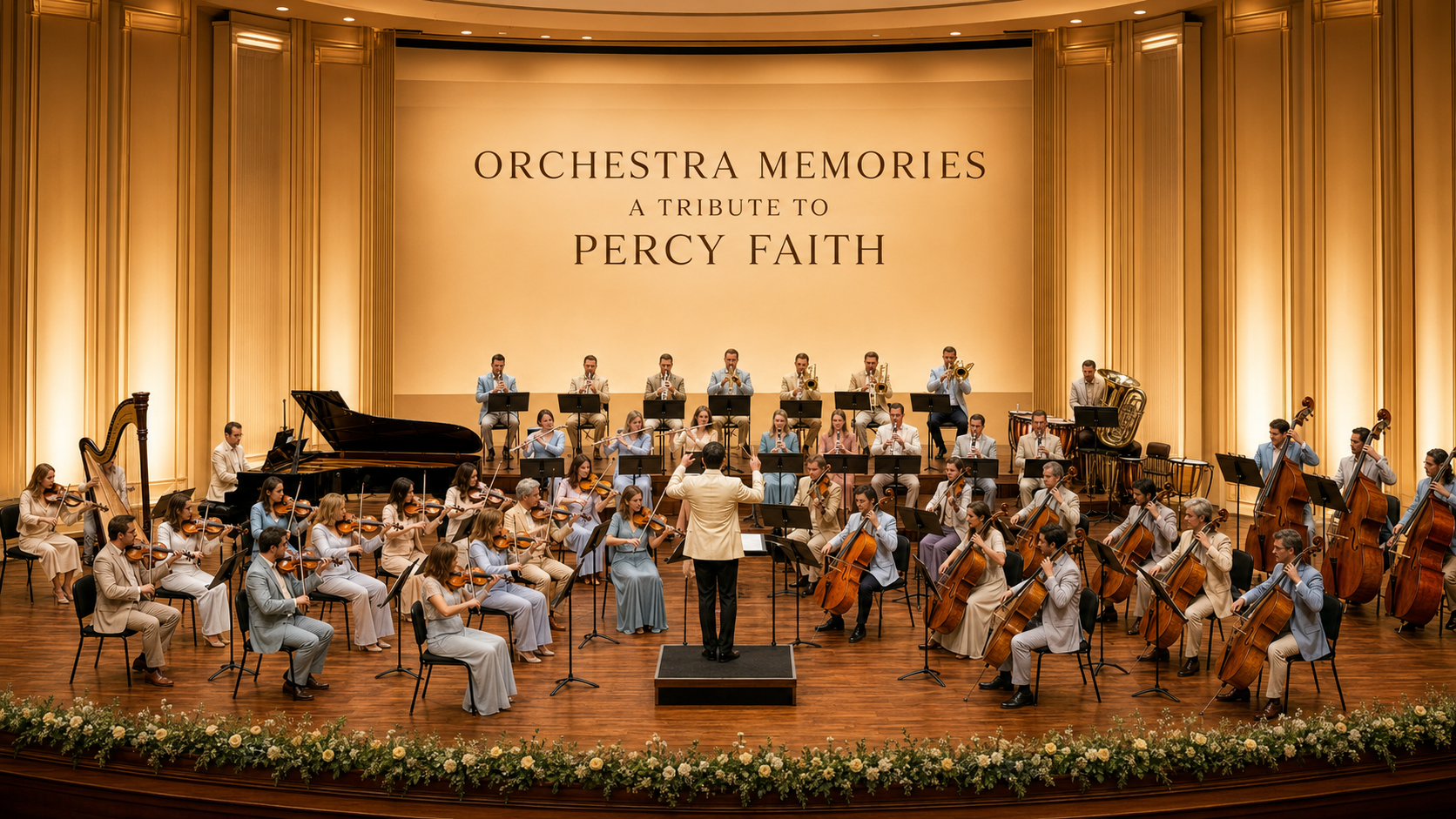 A third-party orchestra performs a Percy Faith inspired tribute concert in the golden light of The Quiet Space Concert Hall.