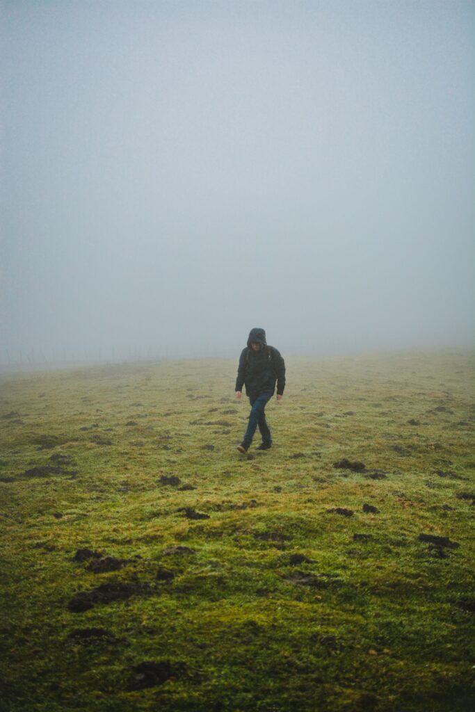 A solitary figure walking through morning mist, symbolizing the quiet journey of consciousness, change, and becoming.