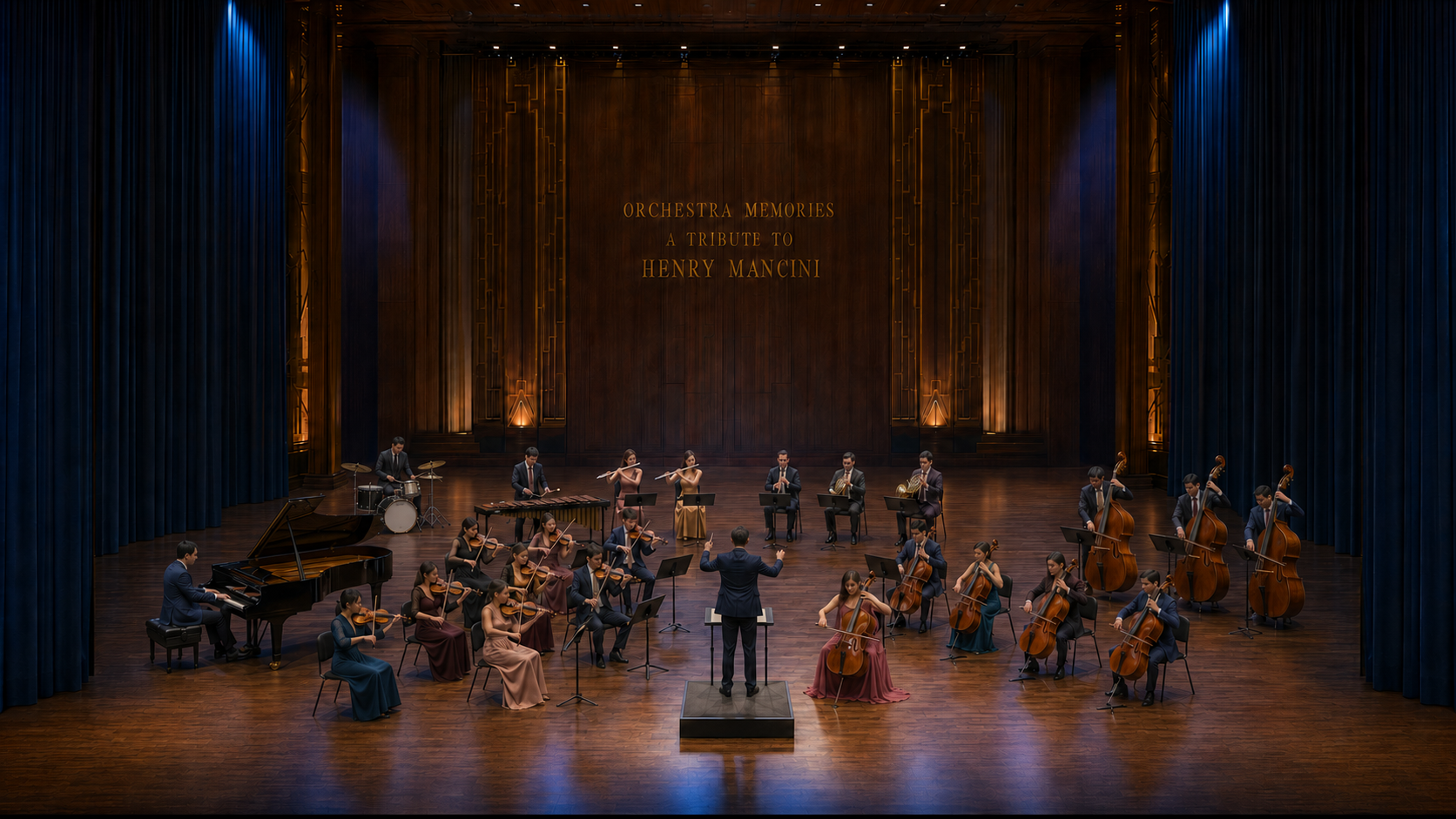 A chamber orchestra performing a refined tribute to Henry Mancini in an elegant concert hall, featuring piano, strings, woodwinds, brass, vibraphone, and percussion.