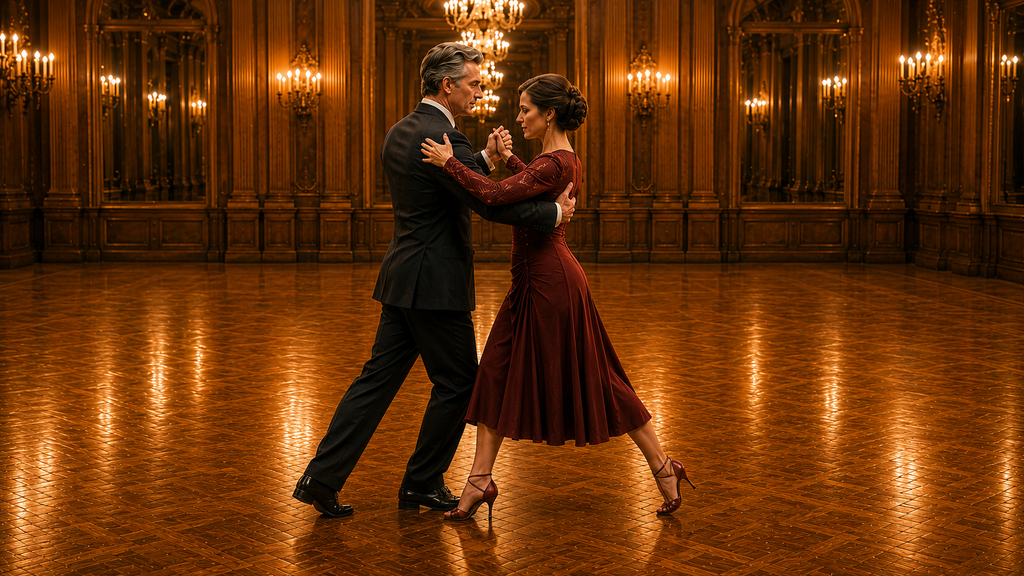 Ballroom Tango dancers holding a controlled closed frame