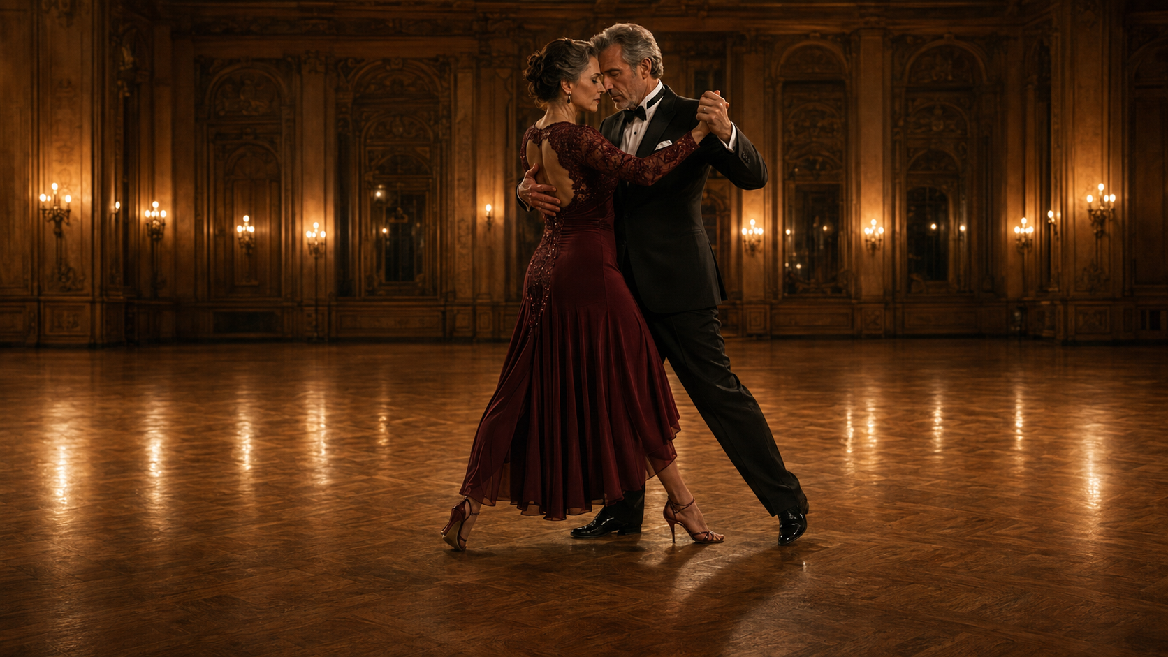 Elegant ballroom couple dancing Tango in a grand evening ballroom