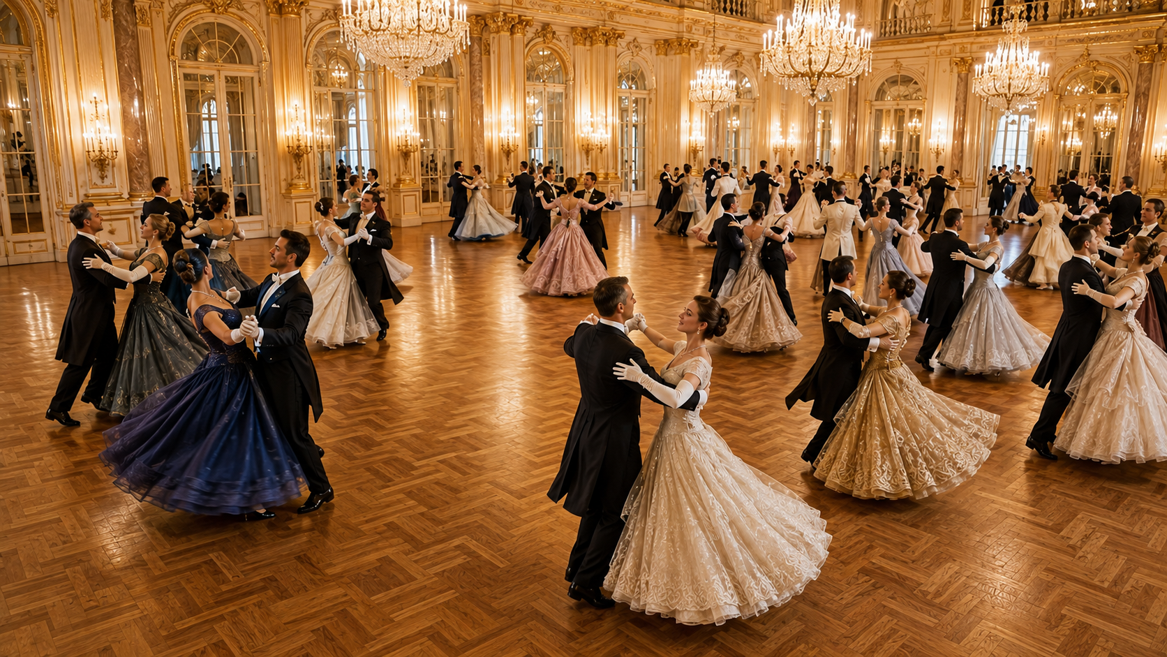 Elegant couple performing a Viennese Waltz beneath chandeliers in a grand ballroom