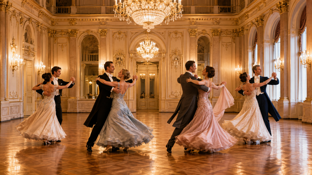 Couples turning across a polished ballroom floor during a lively Viennese Waltz