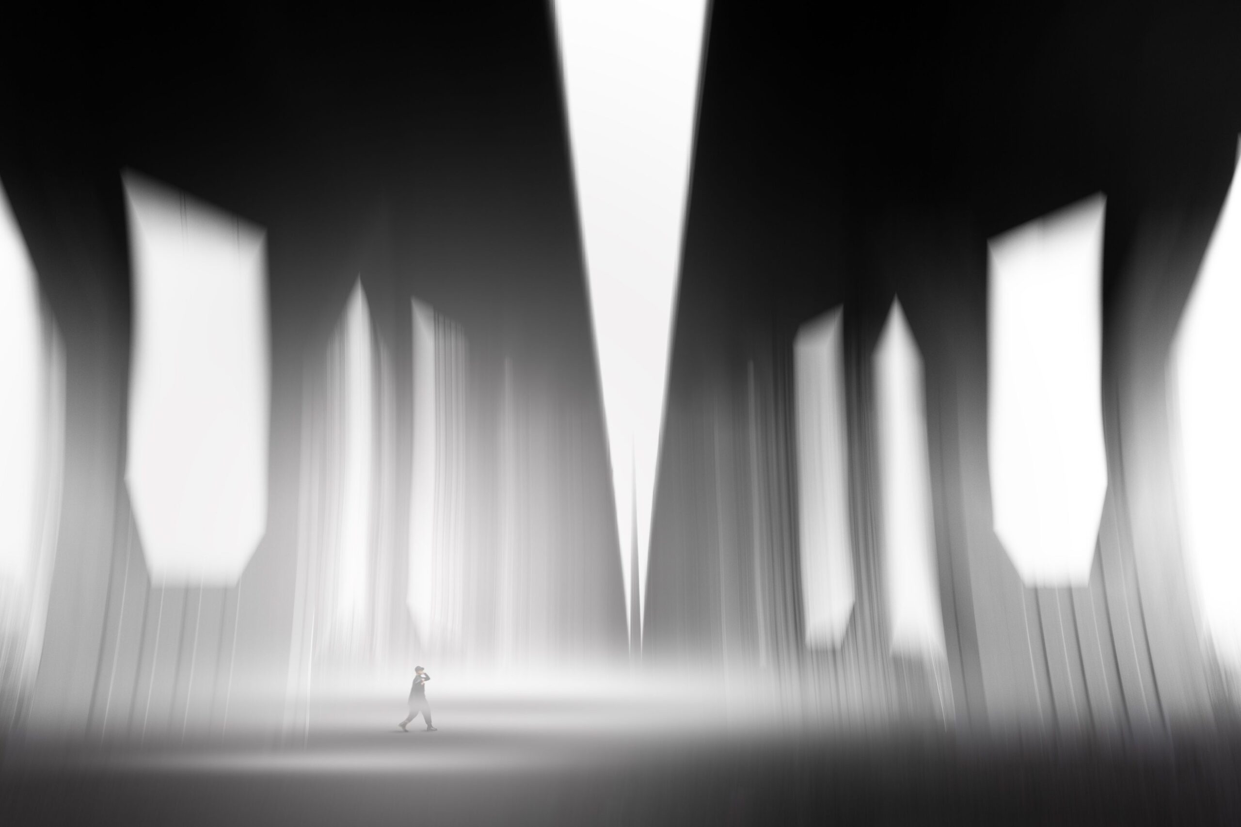 A solitary figure standing between two softly illuminated paths, symbolizing continuity beyond memory