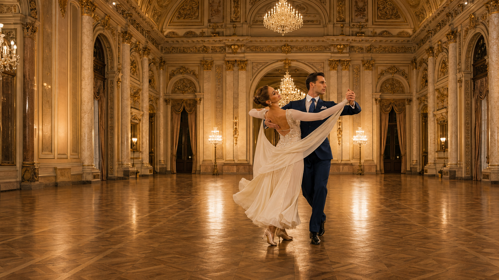 A ballroom couple performing a graceful slow waltz across a polished floor