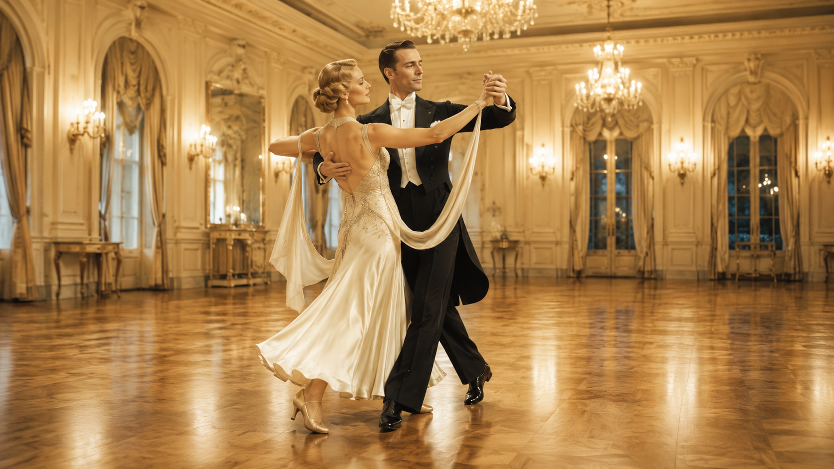 An elegant couple performing Quick Step in a bright grand ballroom
