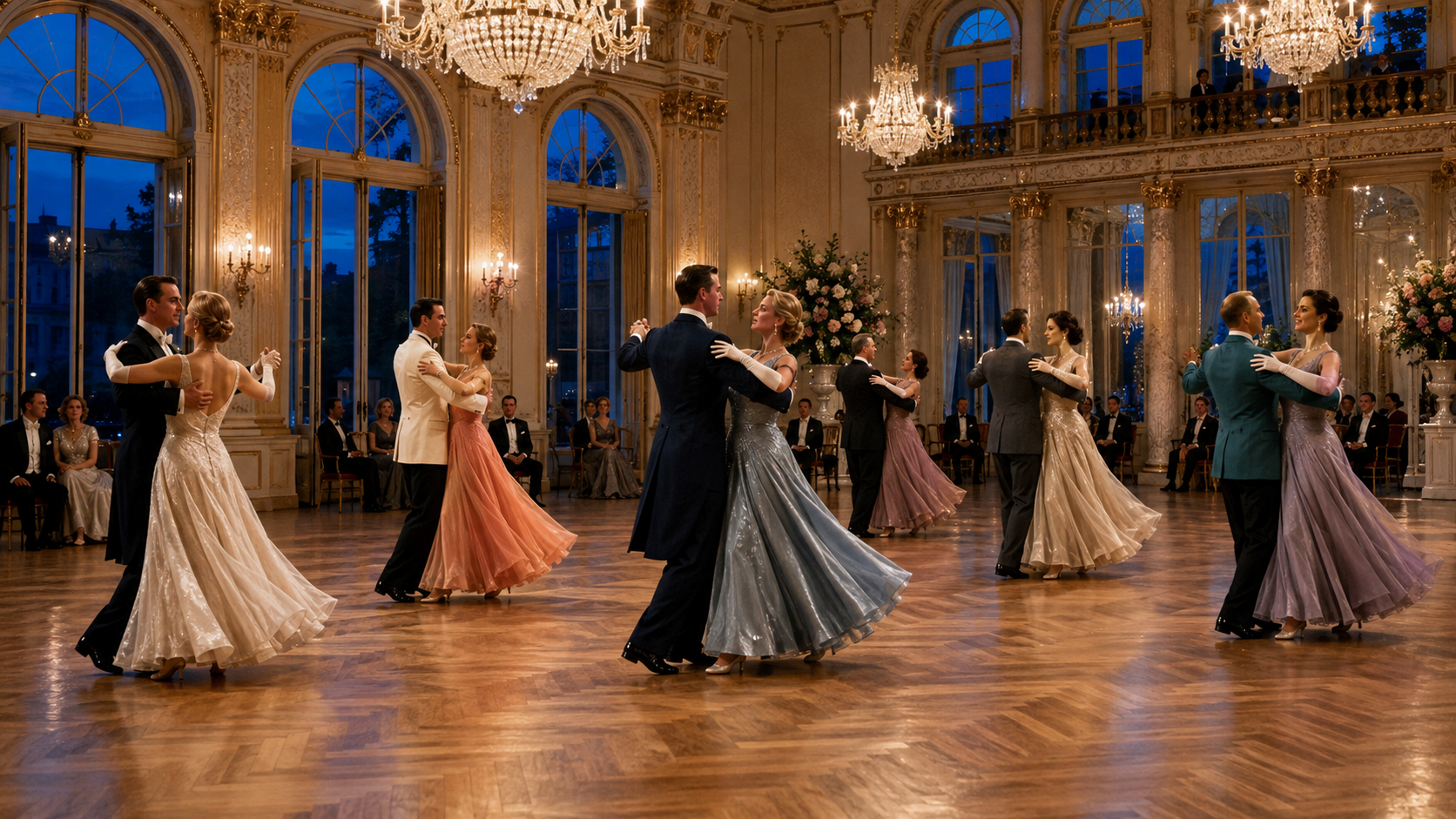 An elegant couple dancing English Waltz beneath warm ballroom chandeliers
