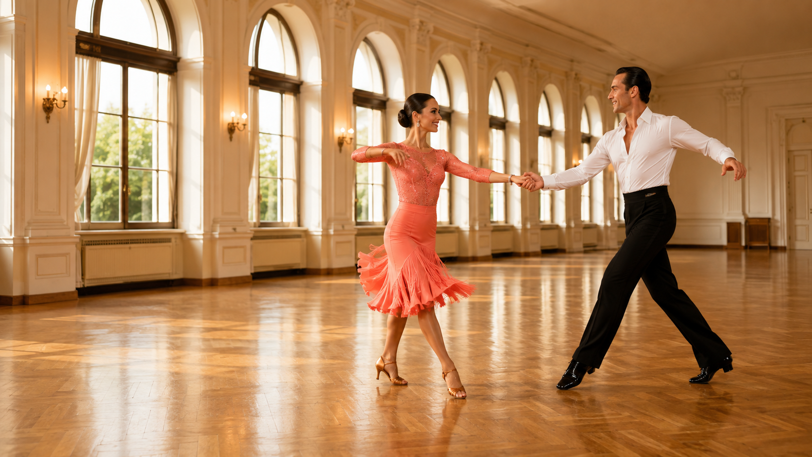 A couple dancing Cha Cha on a wooden ballroom floor under warm lighting.