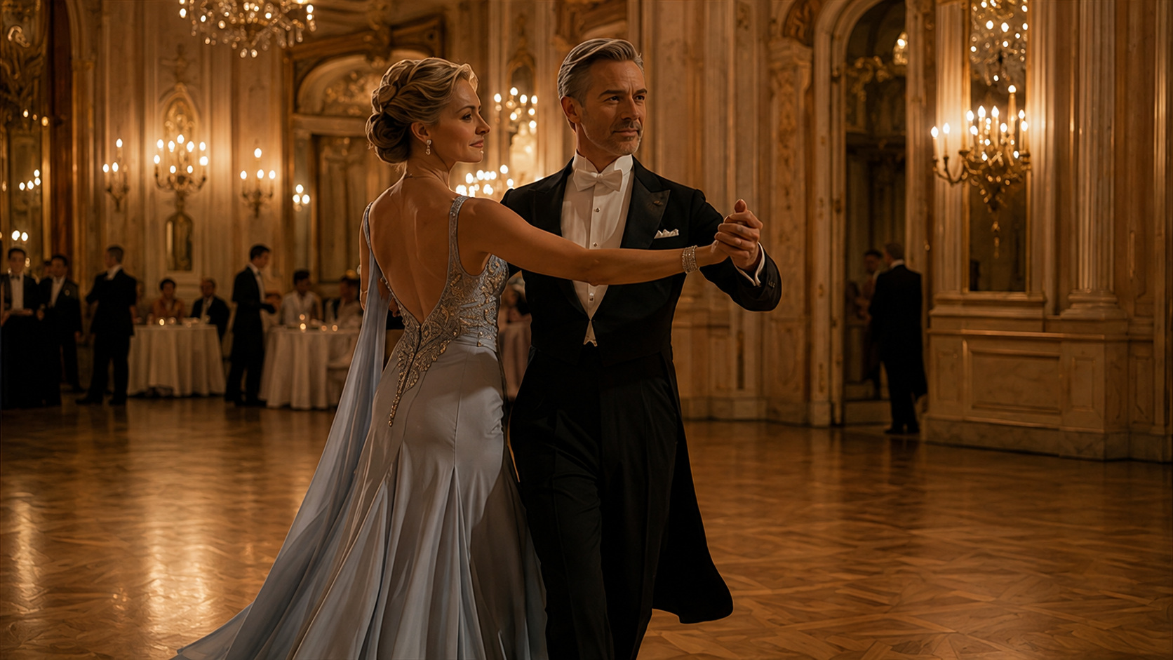 Elegant couple dancing the Fox Trot in a grand ballroom