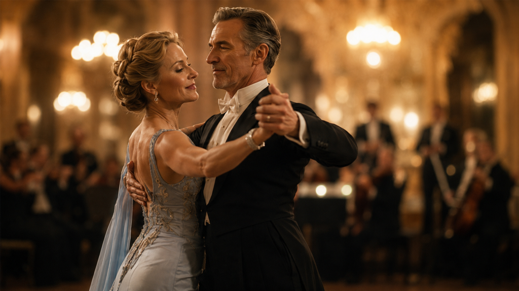 Ballroom orchestra performing music for Fox Trot dancers