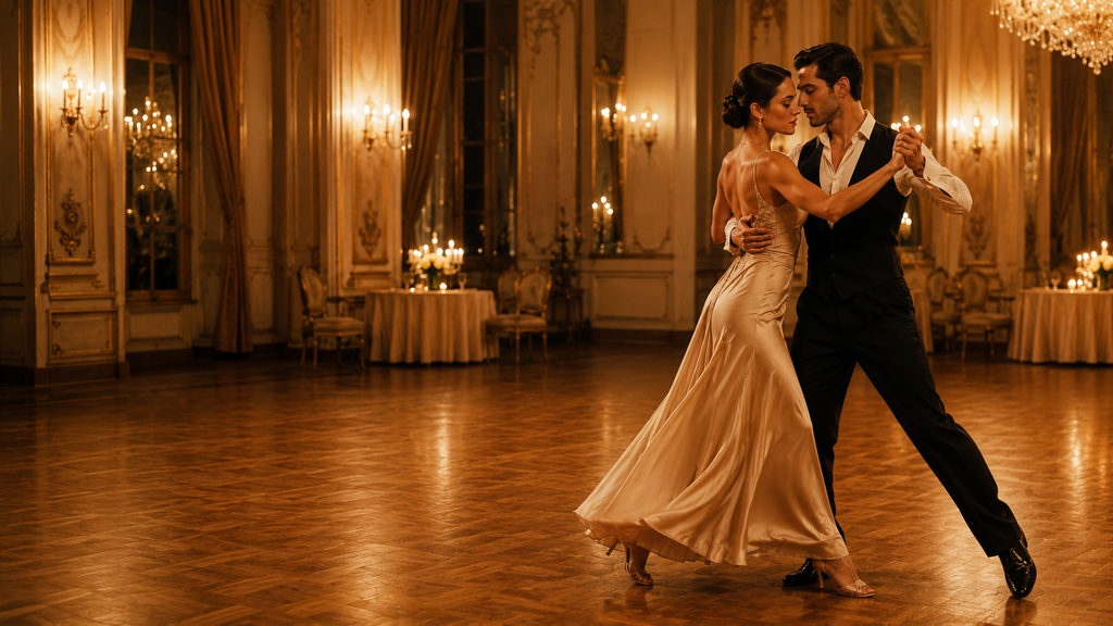 Rumba dancers holding a controlled expressive pose beneath ballroom chandeliers