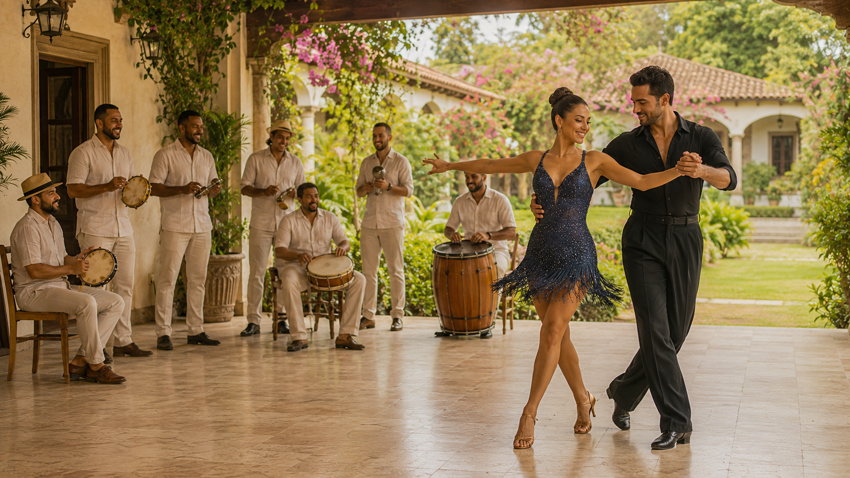 A couple dancing in an elegant sunlit ballroom